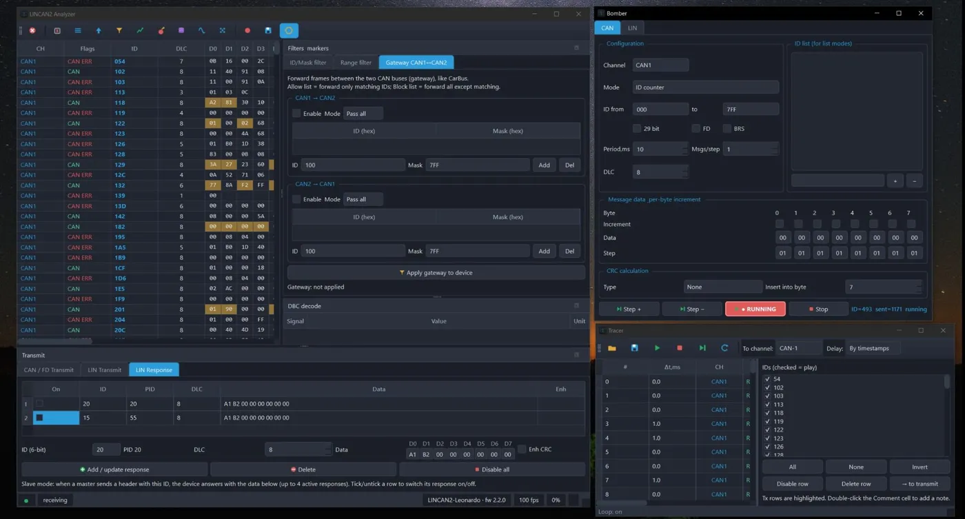 LINCAN2 Analyzer — Bomber, Gateway and Tracer windows