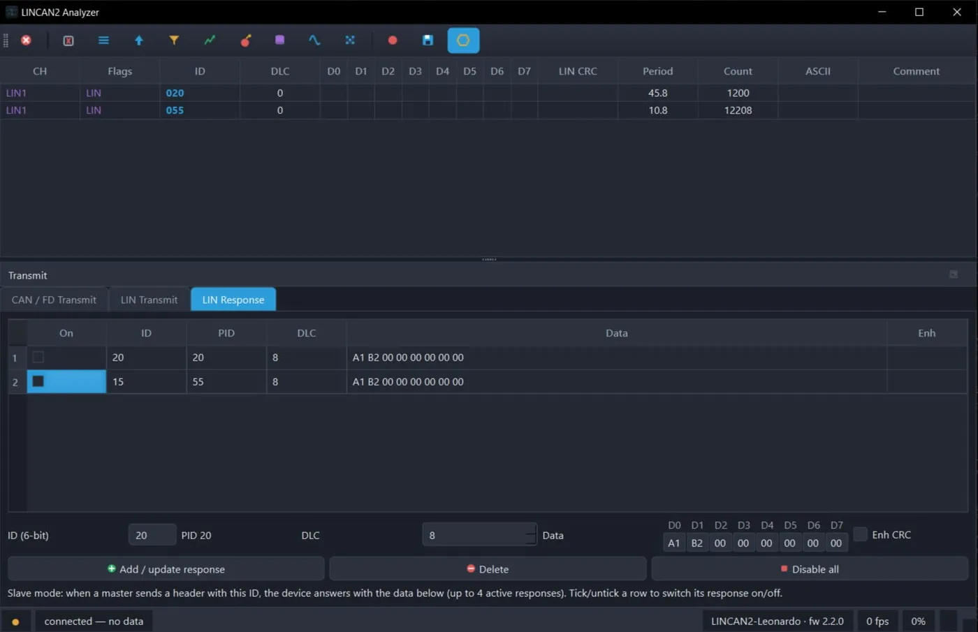 LINCAN2 Analyzer — LIN Response mode — the device answers as a slave node