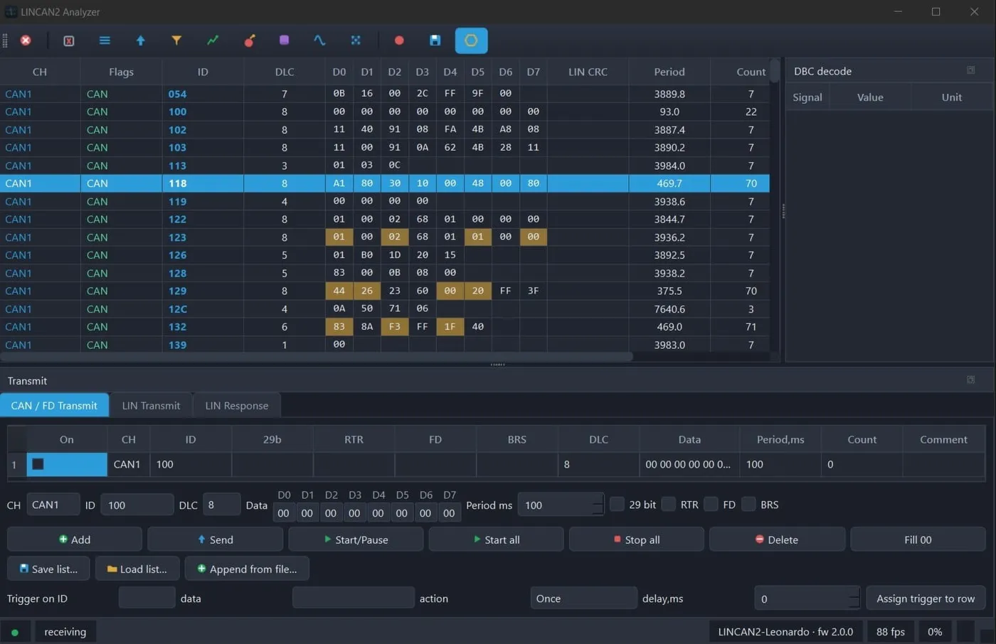 LINCAN2 Analyzer — Live traffic with per-byte change highlighting and filters